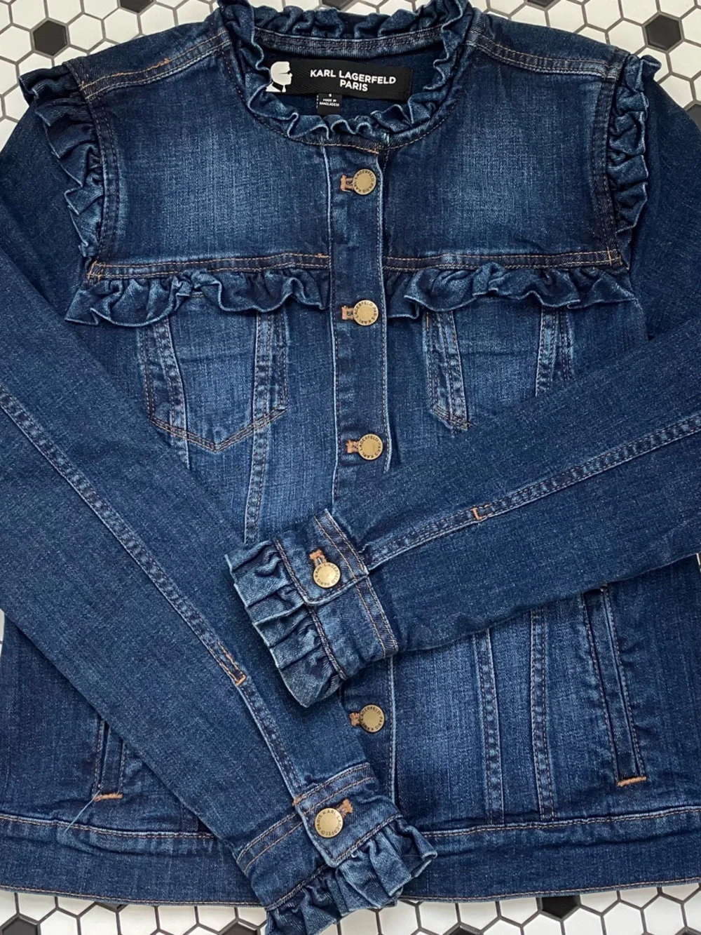 Whimsical Karl Lagerfeld Paris Dark Blue Ruffle-Trim Denim Jacket Sz. Small - Picture 3 of 15